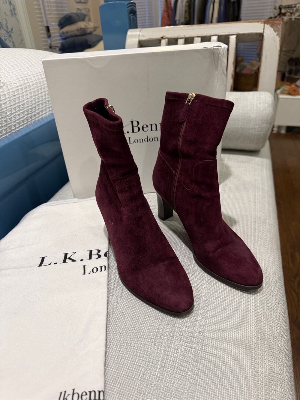 LK Bennett Wine Suede Mid-Calf Heeled Boots